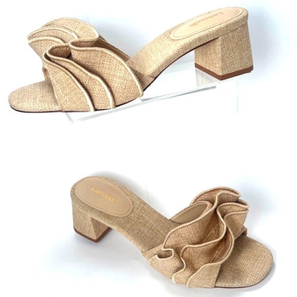 Larroudé Brigitte Beige Sandals Ruffle Raffia Block Heel Mules Size 9.5 - Picture 1 of 14
